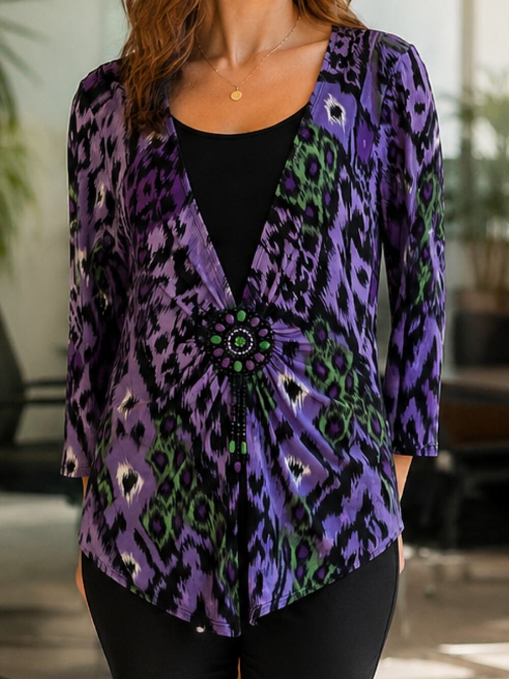 NOTATIONS Purple Geometric Blouse M | Beaded Accent Layered Top